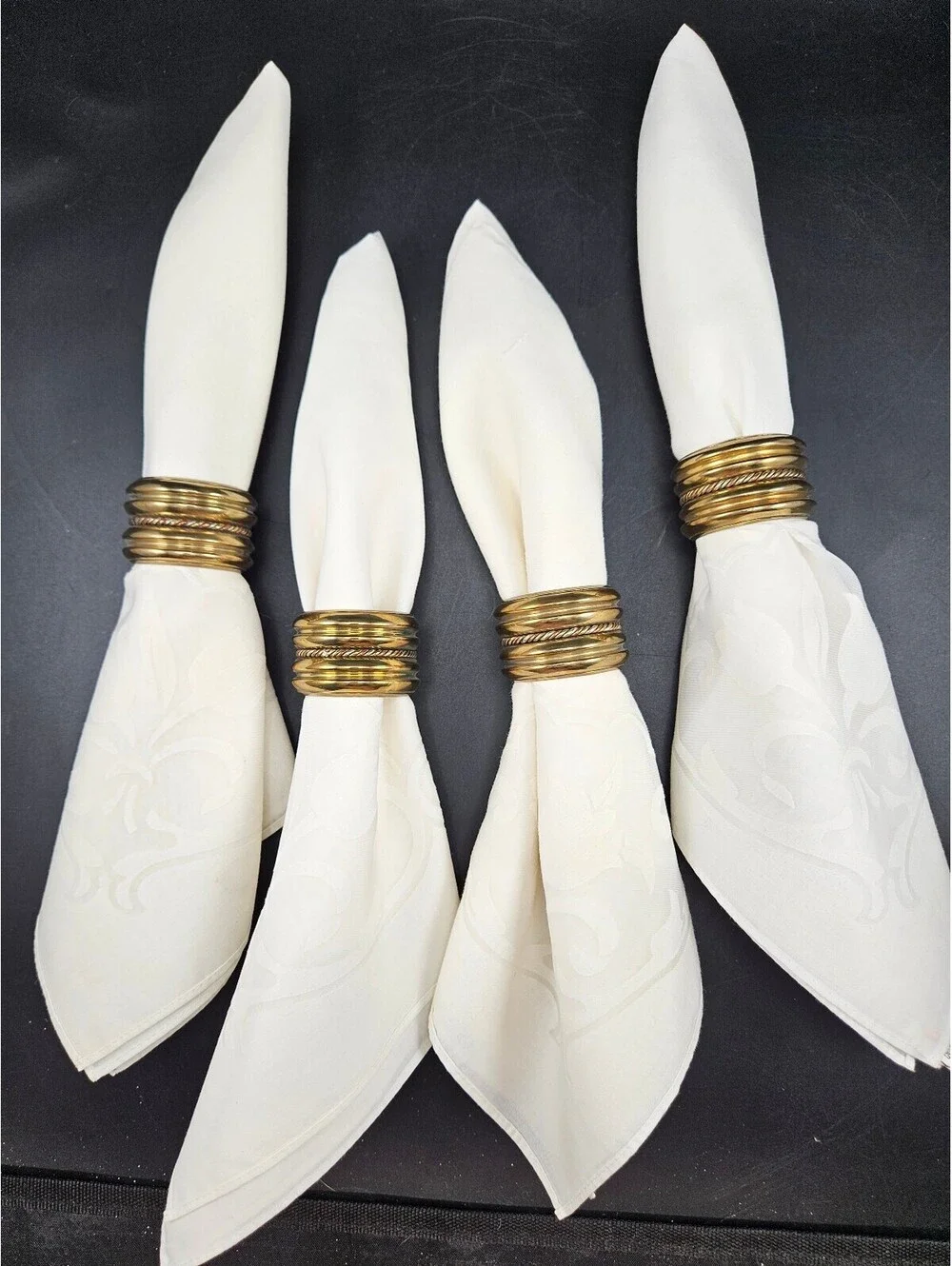 Vintage Brass Napkin Rings Set of 4 with Sheer Lace Inset White Dinner Napkins
